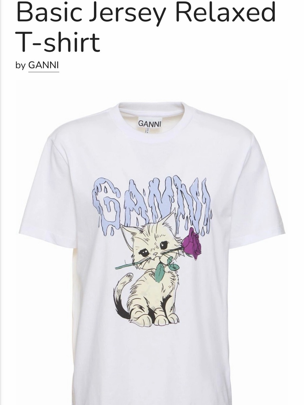Ganni White Tee with Cream Cat Holding Purple Rose - Picture 2 of 13